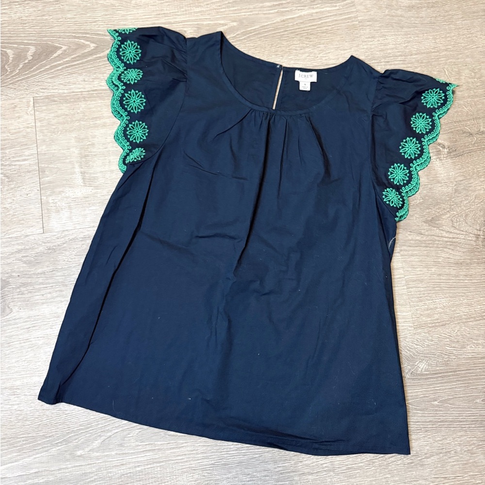 J. Crew Navy Top with Green Embroidered Cap Sleeves
